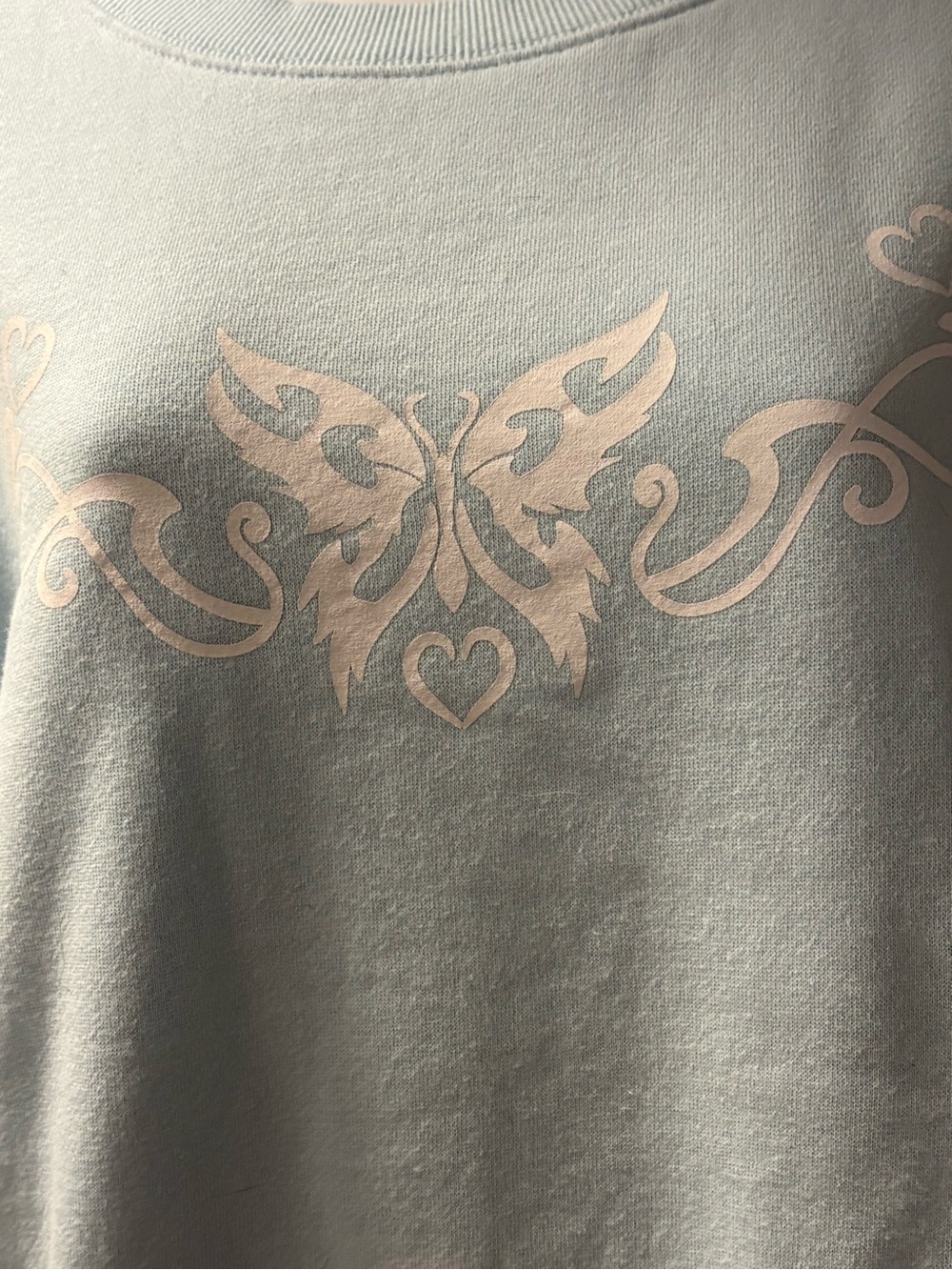 New light blue sweatshirt with white butterfly motif.
